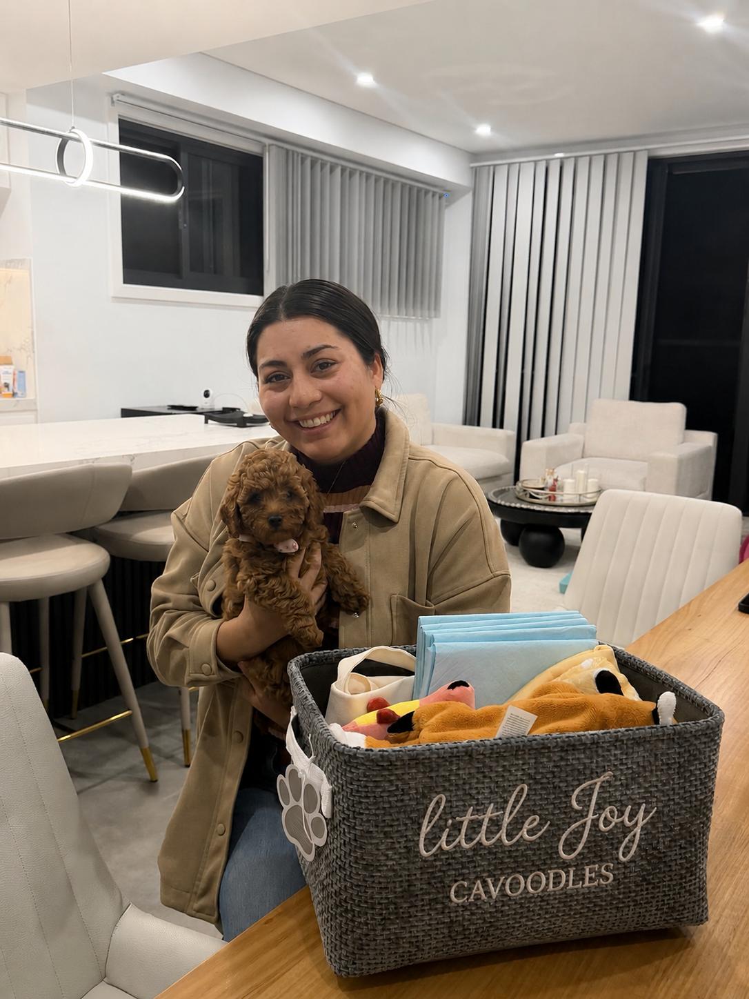 A happy new puppy parent with her Little Joy puppy pack